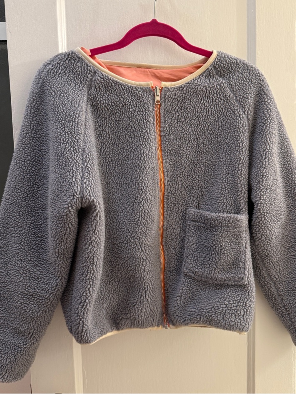 Cozy Gray Sherpa Zip Jacket with Peach Lining